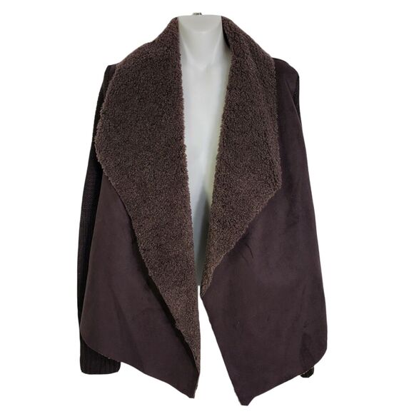 Chelsea & Theodore Womens Cardigan Sweater Large Brown Faux Fur Suede Open Front - Picture 1 of 12